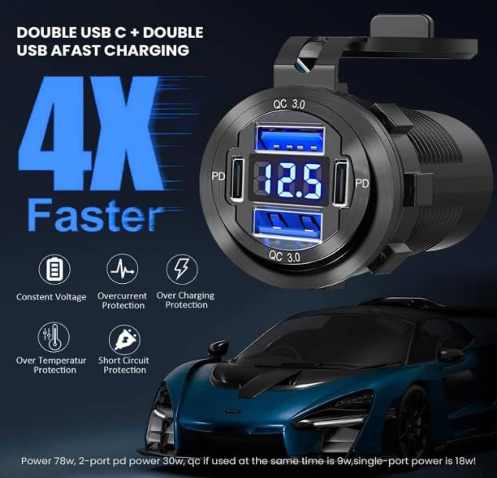 Dual USB car charger with blue LED voltage display and QC/PD ports, black