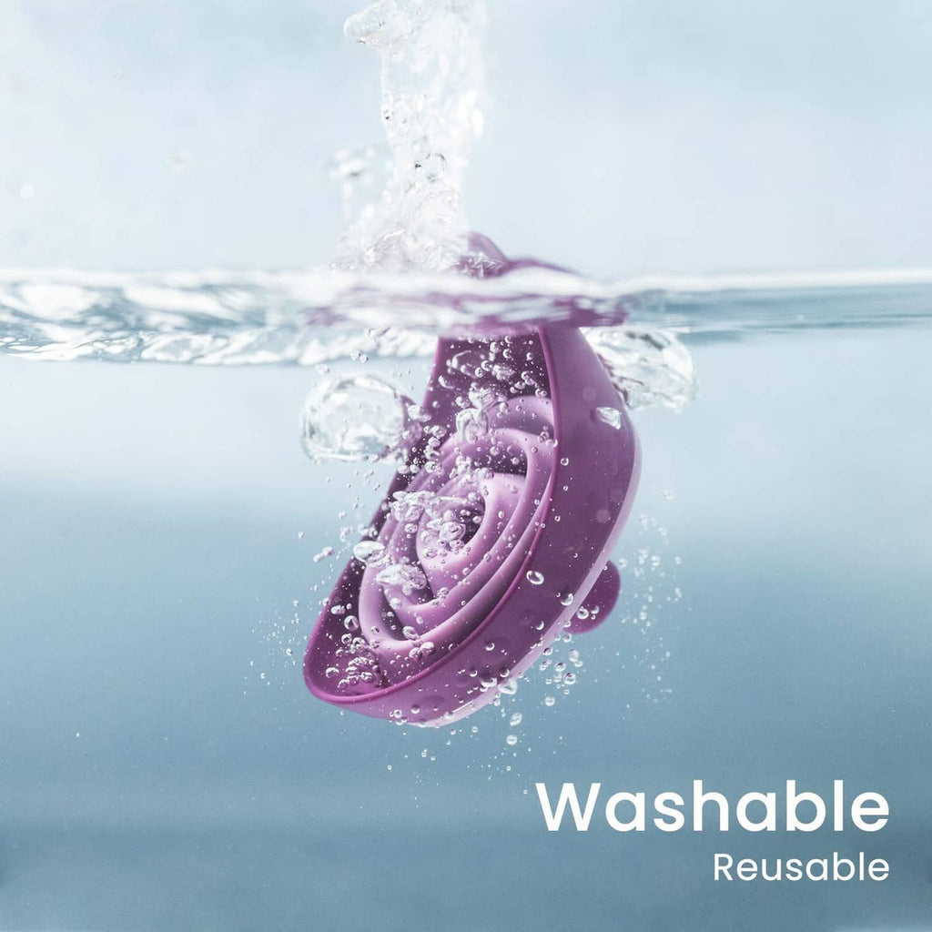 Purple foldable female urinal device with splash water droplets for washing