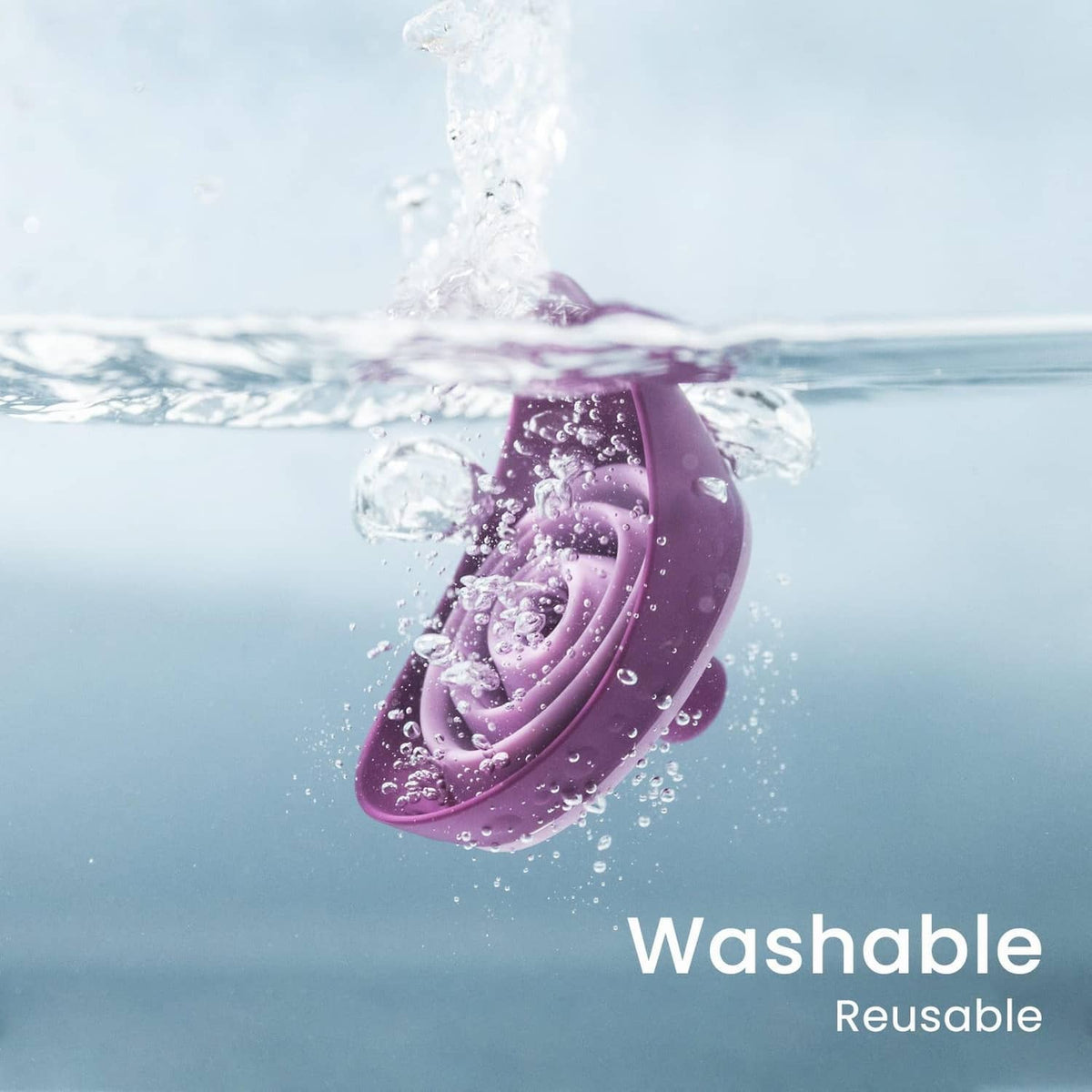 Purple foldable female urinal device with splash water droplets for washing