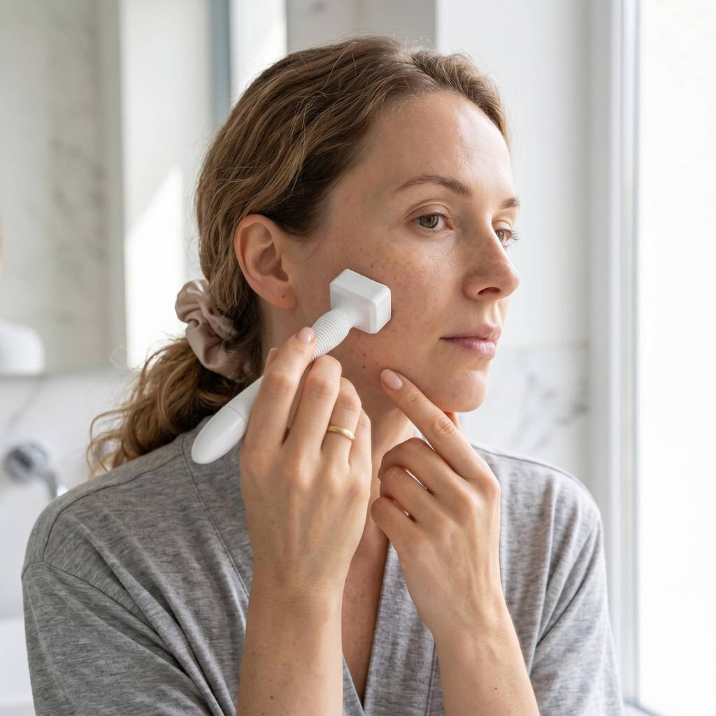 White microneedle dermastamp tool applied to cheek
