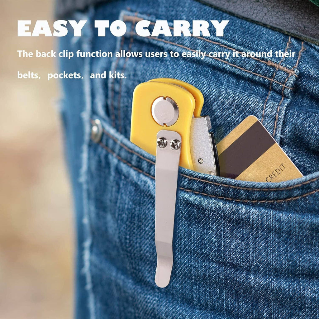 Yellow folding utility knife clipped to denim pocket with blade extended