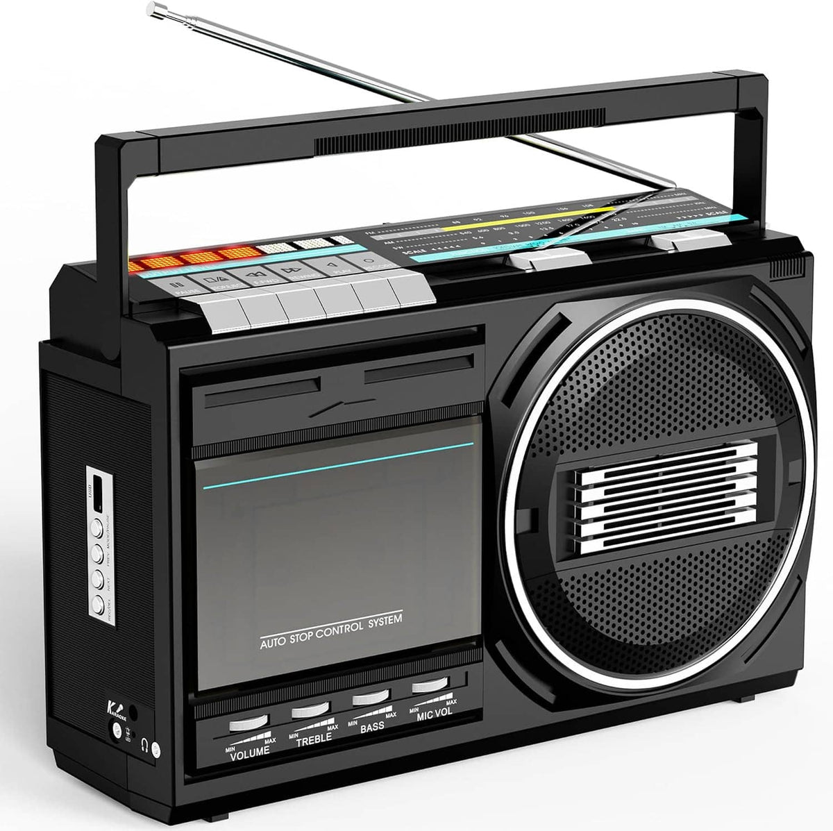 Black cassette player recorder boombox with large speaker grille and top antenna