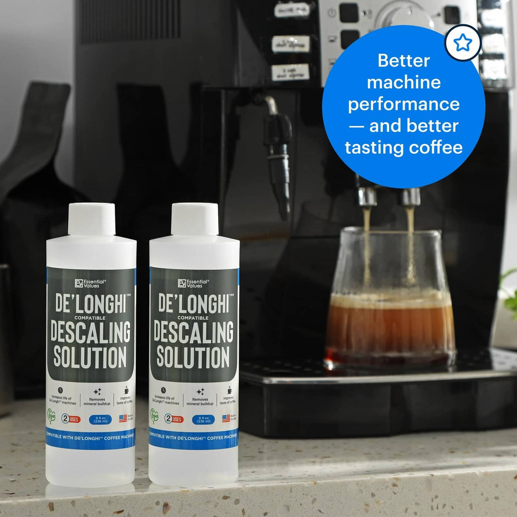 Two white descaling solution bottles with caps on a countertop
