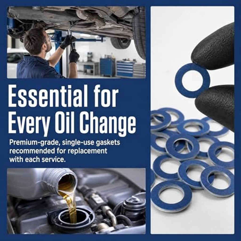 Assorted blue oil drain plug gasket washers, circular discs with center holes