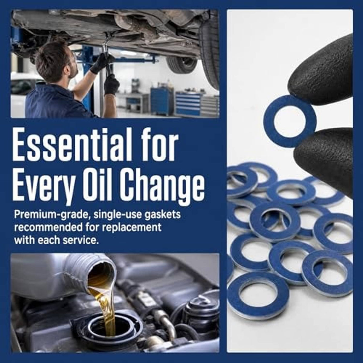 Assorted blue oil drain plug gasket washers, circular discs with center holes