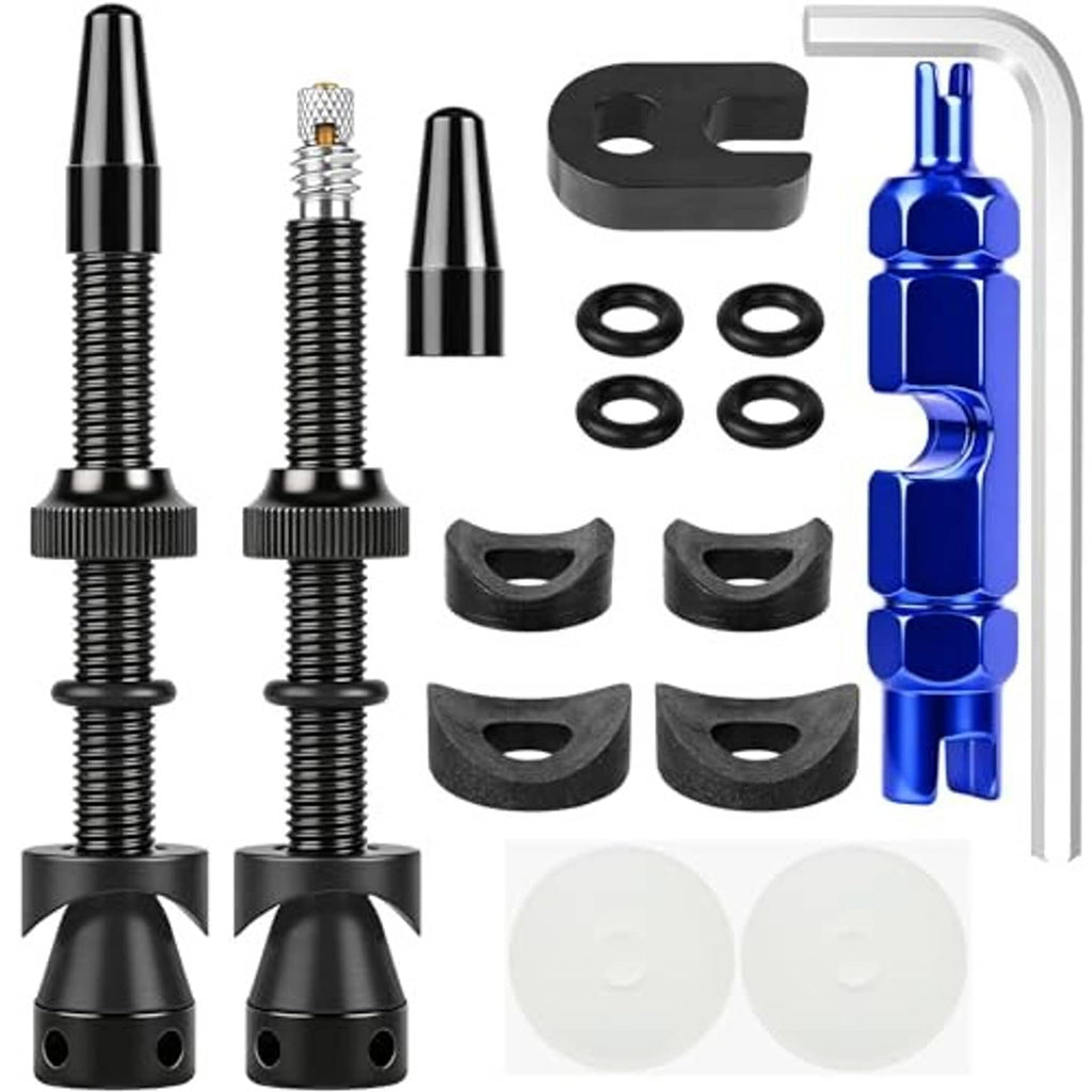 Tubeless Presta valve stem set with two black 60mm alloy stems, caps, and rubber gaskets