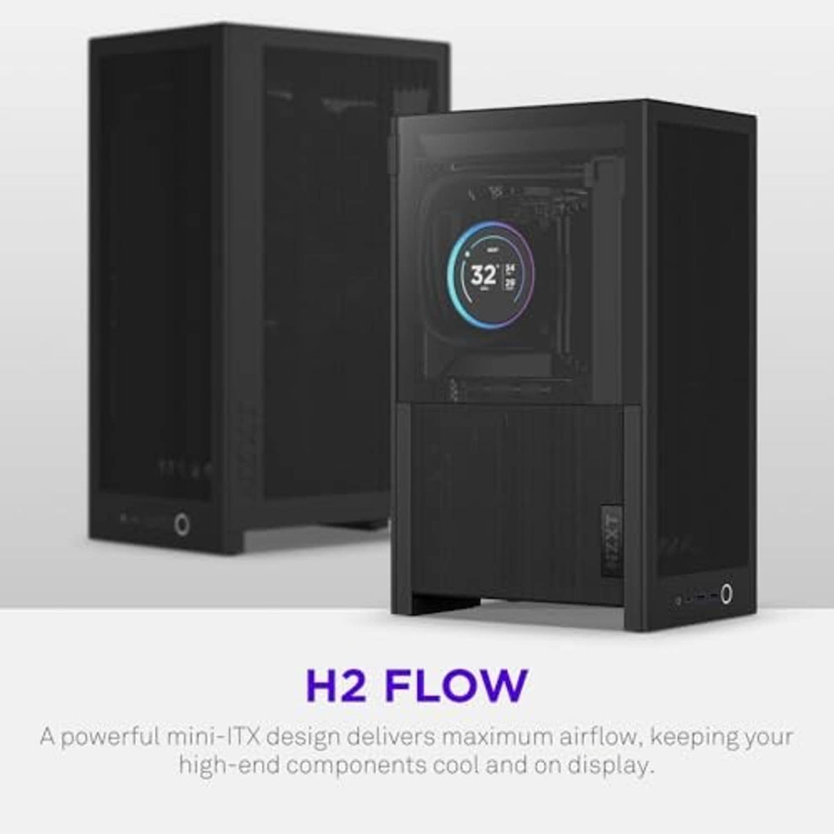 Black Mini-ITX PC case with tempered glass front and mesh panels, open side view