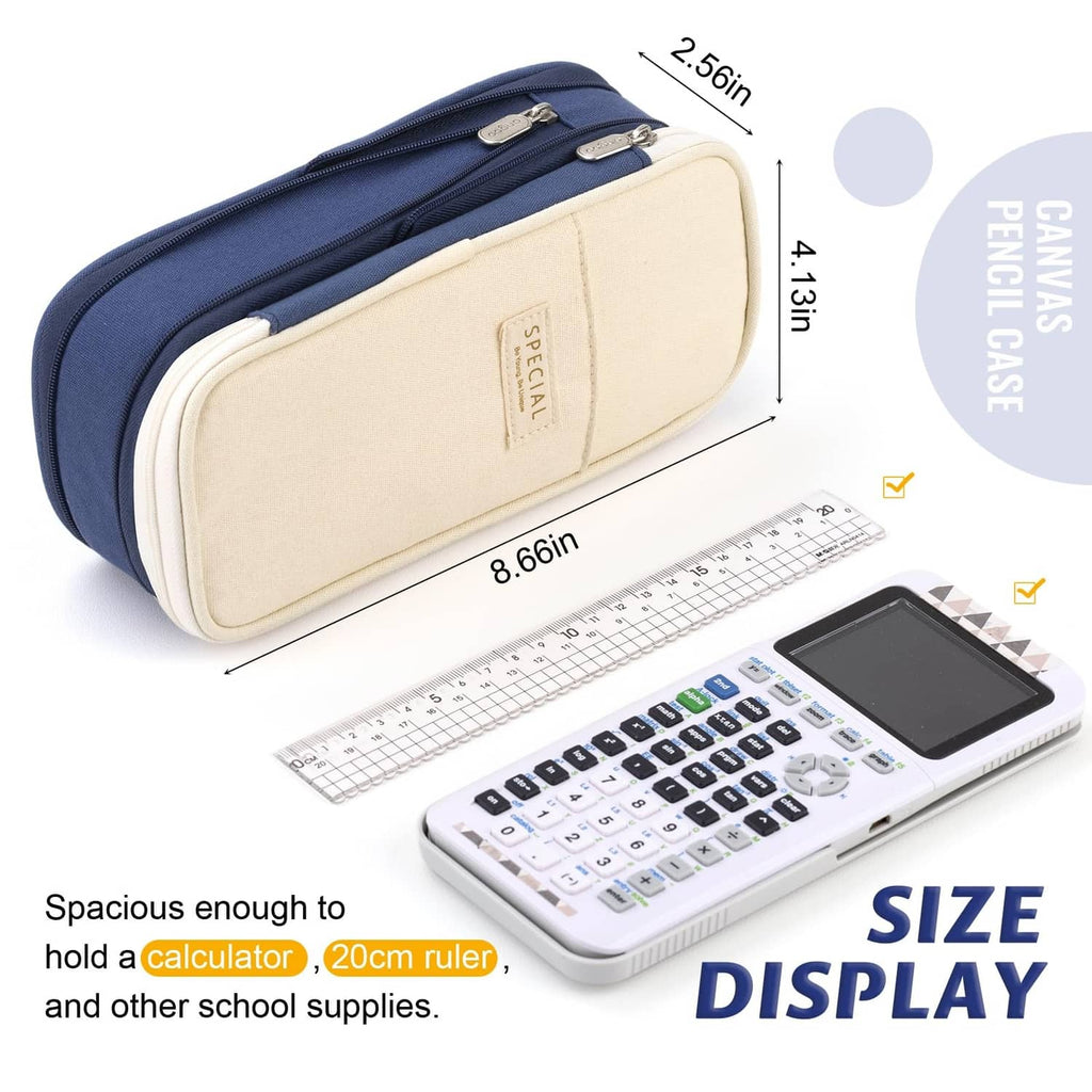 Navy blue pencil case with beige zippered panel and clear pocket, side view