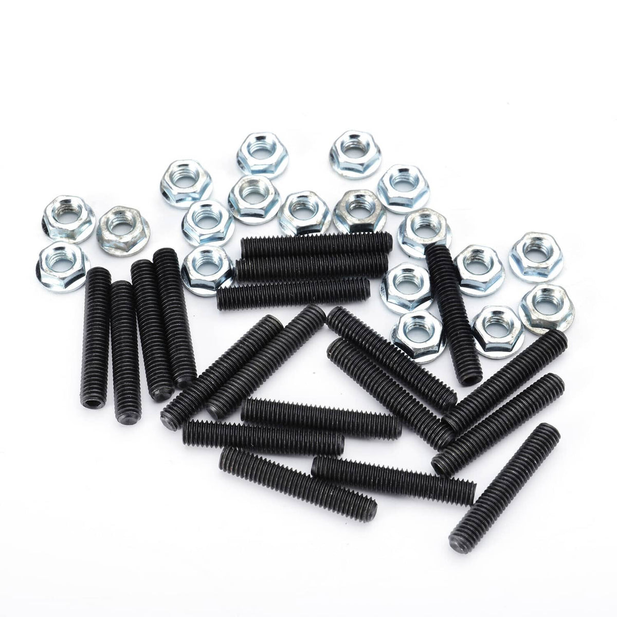 Exhaust manifold stud kit with black threaded studs and silver hex nuts.