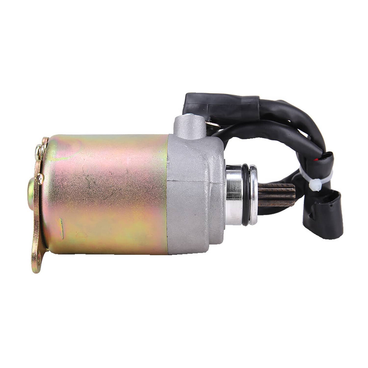 Scooter starter motor profile view with iridescent body and black wiring connector