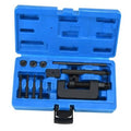 Motorcycle chain breaker tool kit with steel press, anvils, pins in blue carrying case