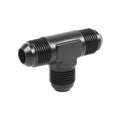 Black T fuel hose union fitting with male AN threaded ends, anodized finish
