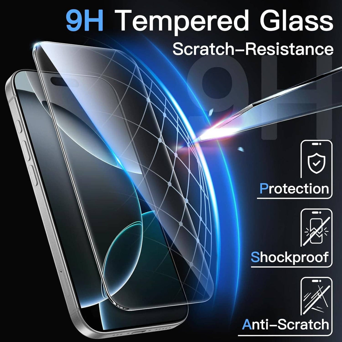 Tempered glass screen protector film with 9H scratch resistance and shockproof protection