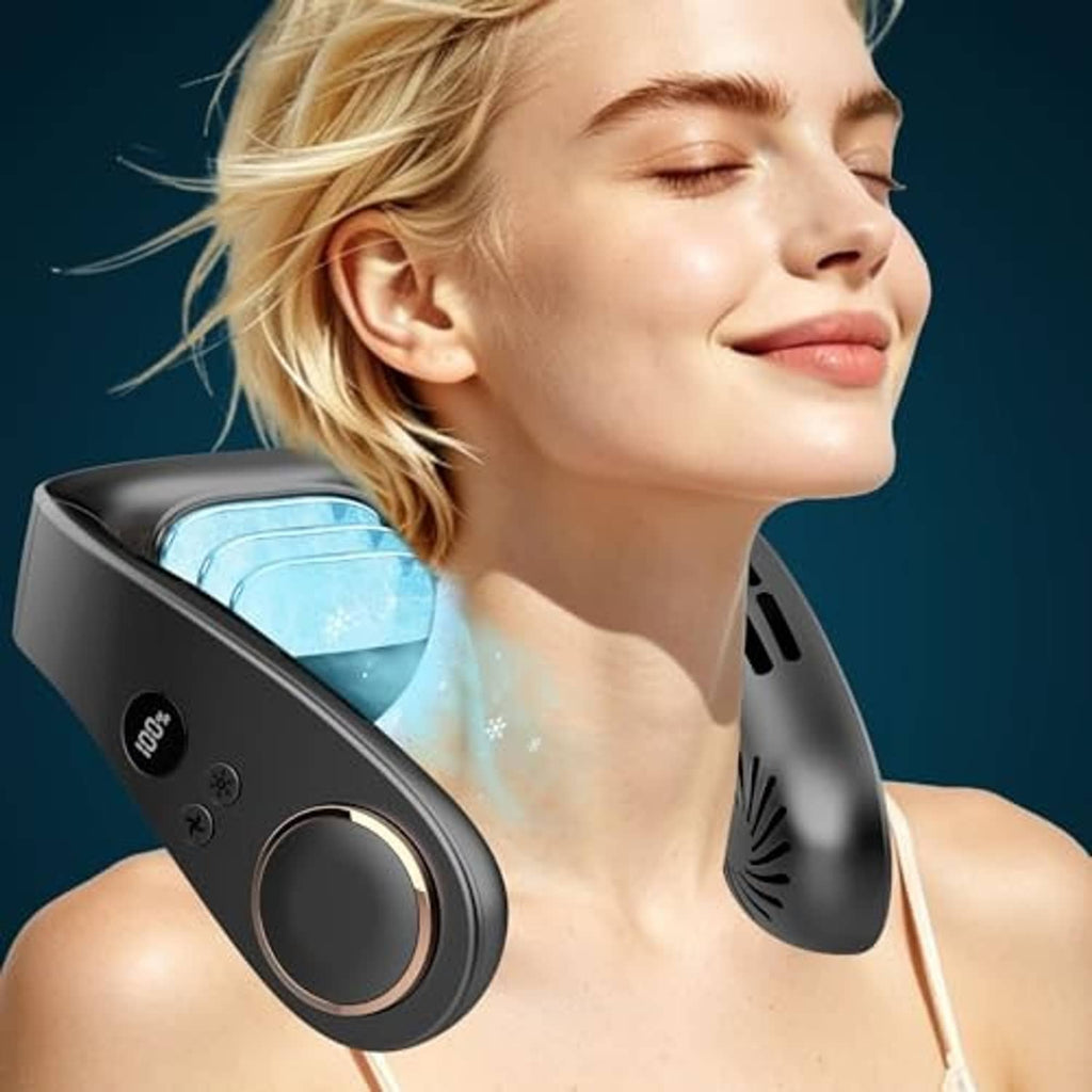 Black neck fan with cooling plate, side view worn at the neck with vent slots