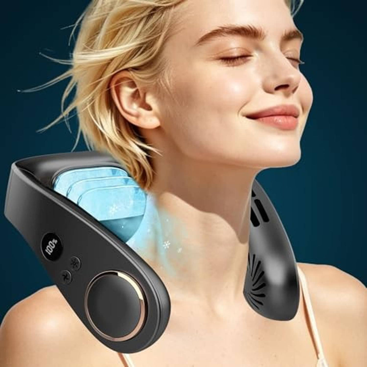 Black neck fan with cooling plate, side view worn at the neck with vent slots