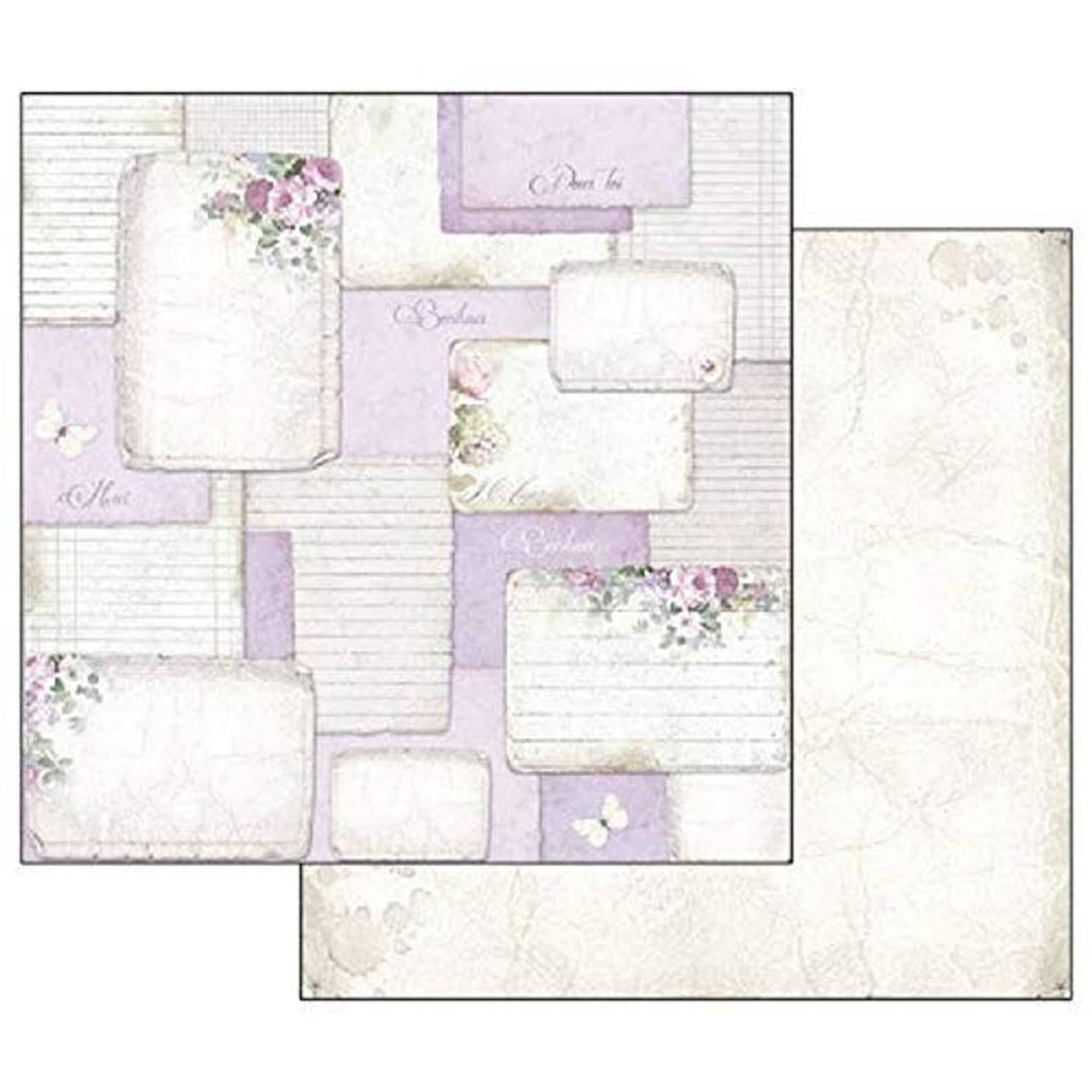 Lilac-themed double-sided craft paper set with layered frames, florals, and subtle grid.