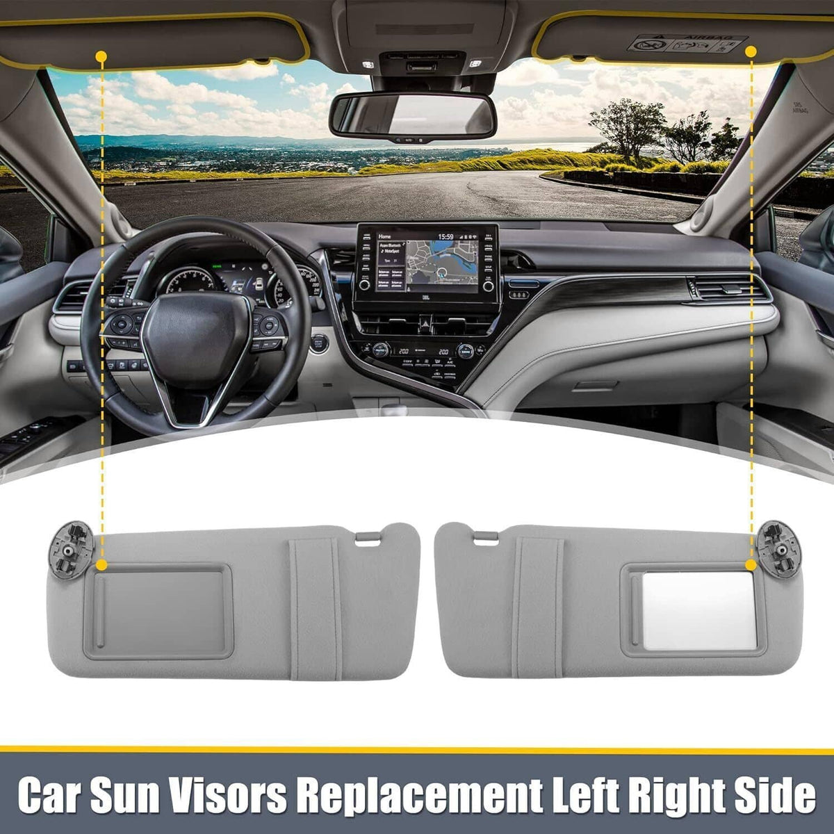 Gray interior car sun visors pair shown installed with mirror panels on both sides