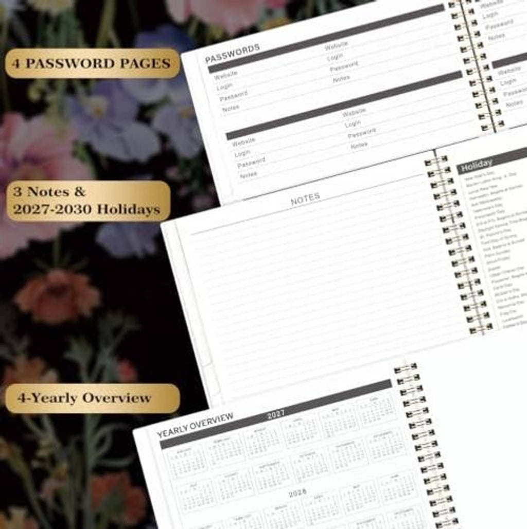 Open planner pages with passwords list and blank notes area, gold spiral binding