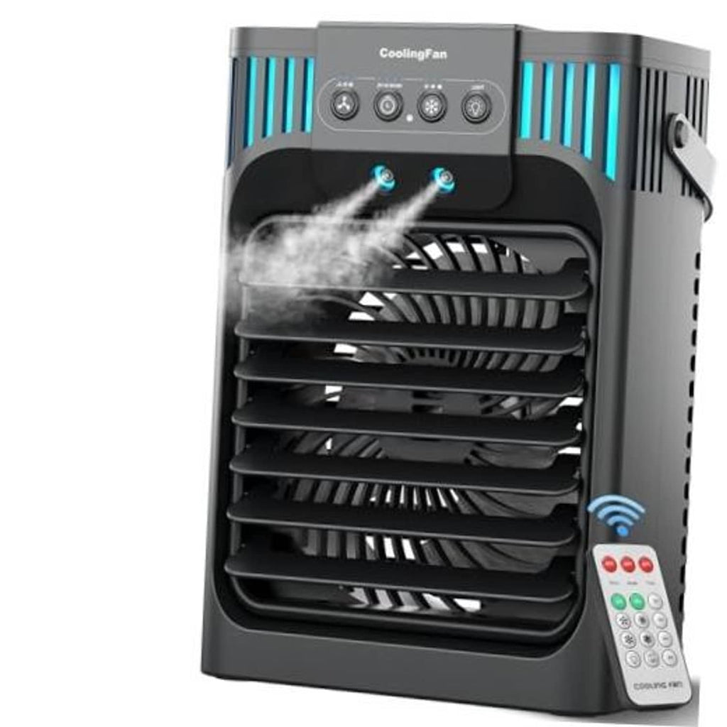 Portable air conditioner, black and gray, front vent grille with remote control