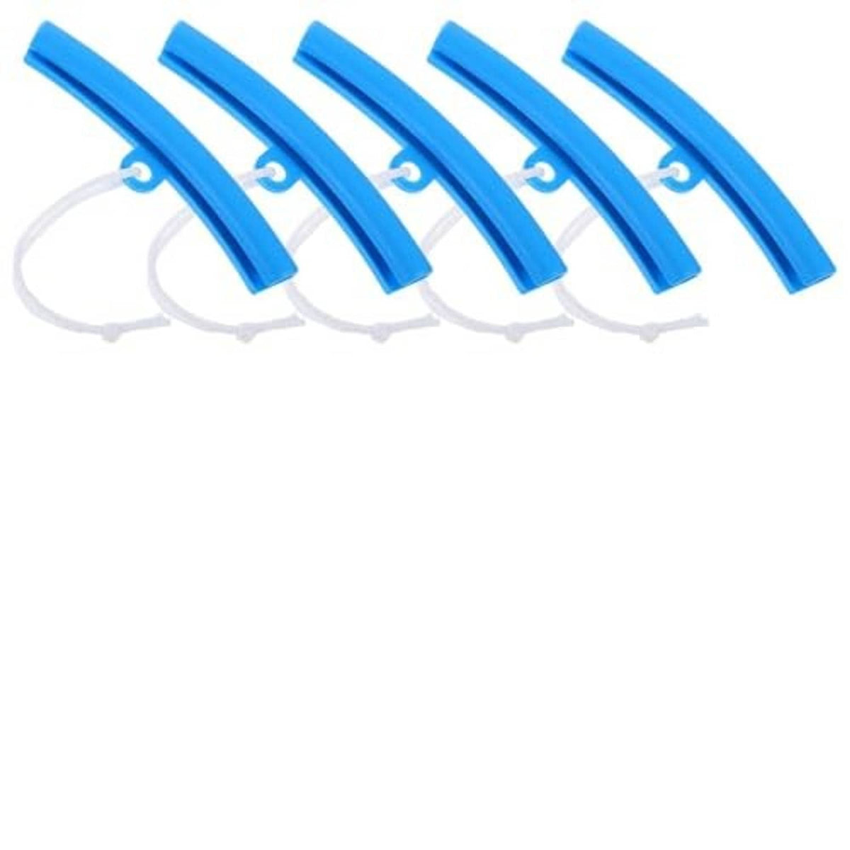 5 blue rim protector sleeves with white lanyard ties, laid out for viewing