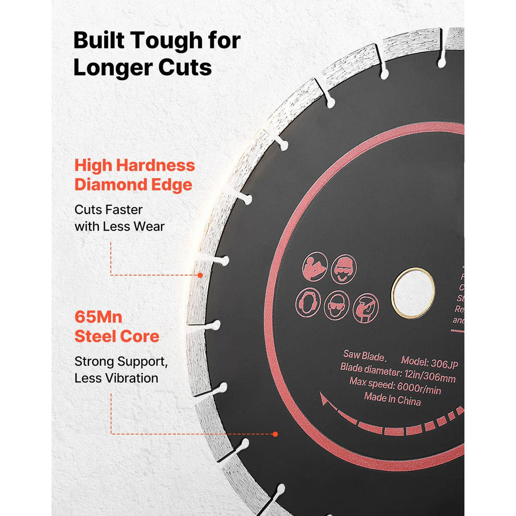 Diamond saw blade with red ring, diamond edge segments and steel core label