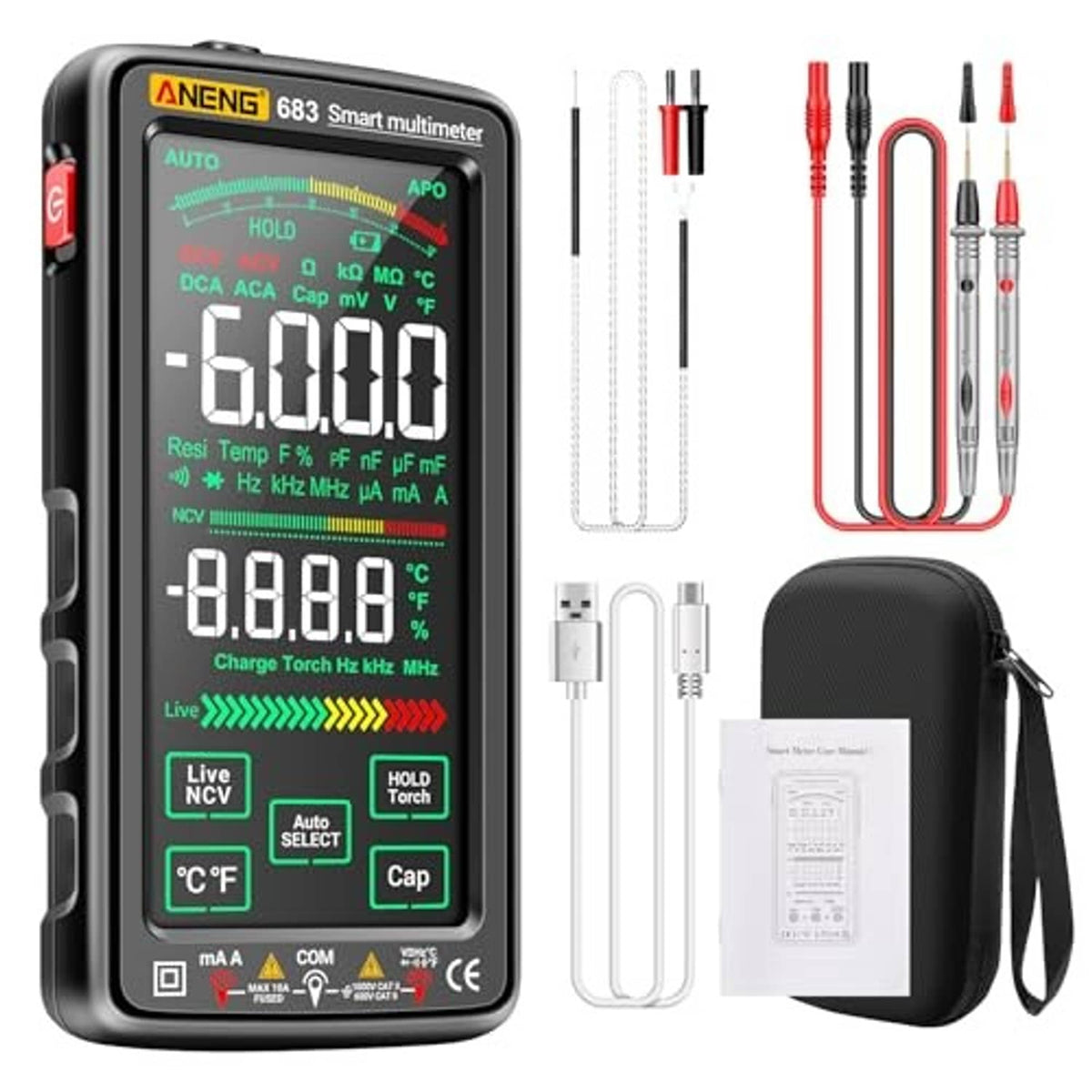 Black smart digital multimeter with touch-screen display and multiple insulated probe leads