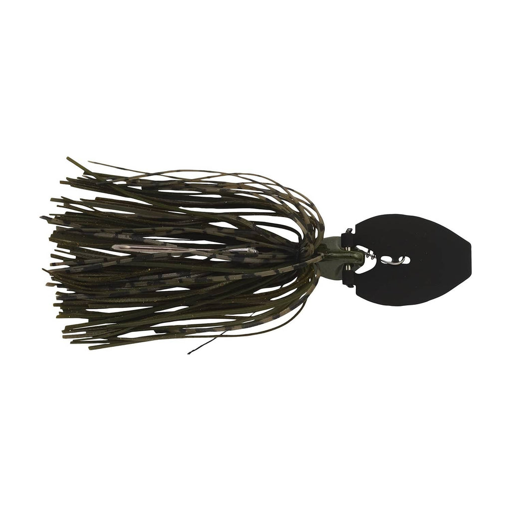 Olive-green bladed jig lure with tangled skirt fibers and blade head