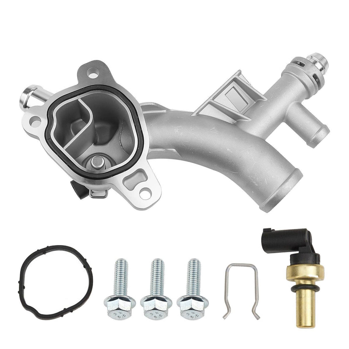 Aluminum water outlet thermostat housing assembly with gasket, clips, and sensor port