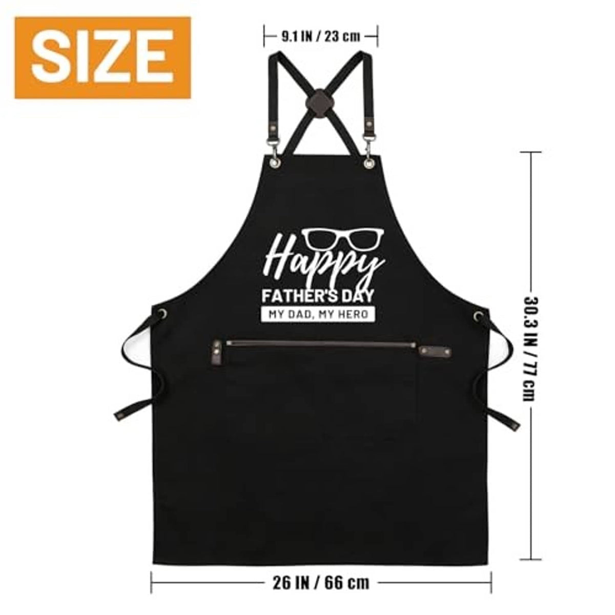 Black apron front view with cross-back straps, adjustable hardware and length sizing