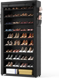 Black 10-tier covered shoe cabinet with front shelves for organizing multiple pairs