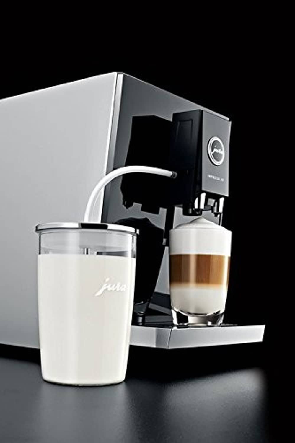 Jura glass milk container with clear walls, white body, chrome lid
