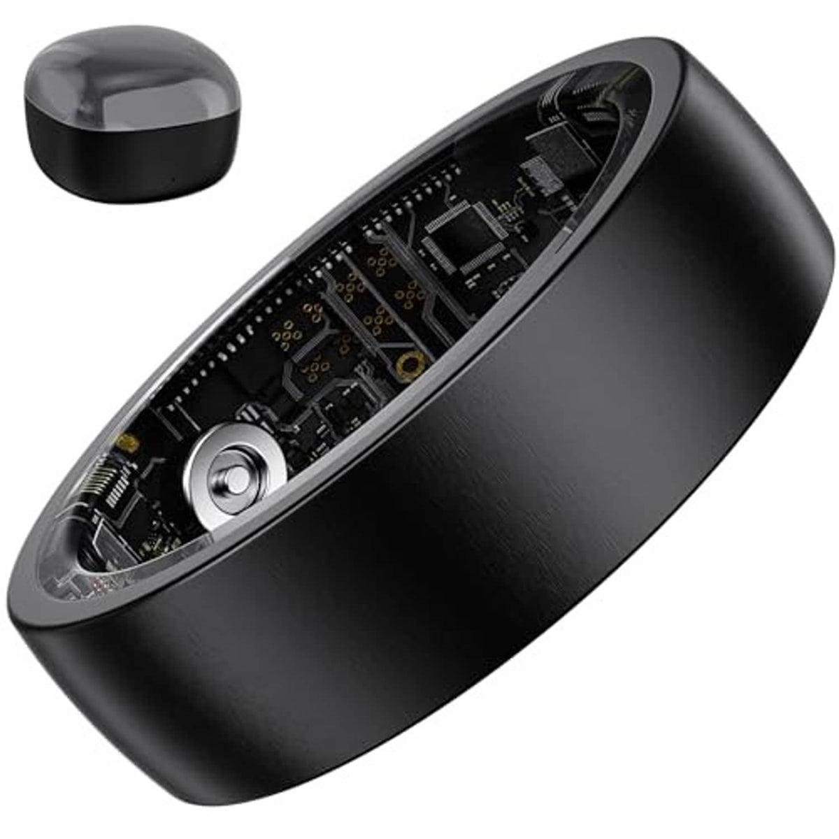 Black smart ring with a side sensor window and metallic center pin, shown at an angle.