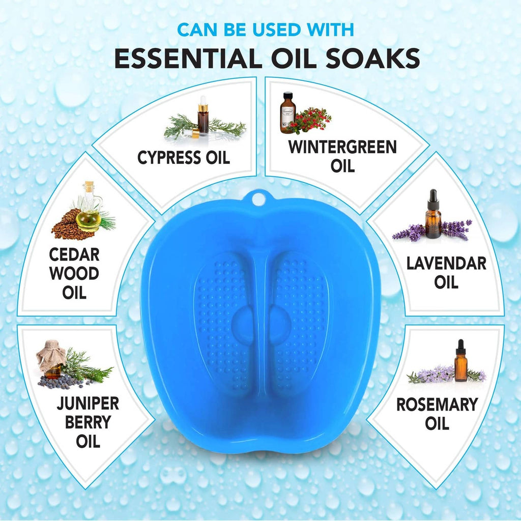 Blue foot bath tub with essential oil bottles and droppers around it