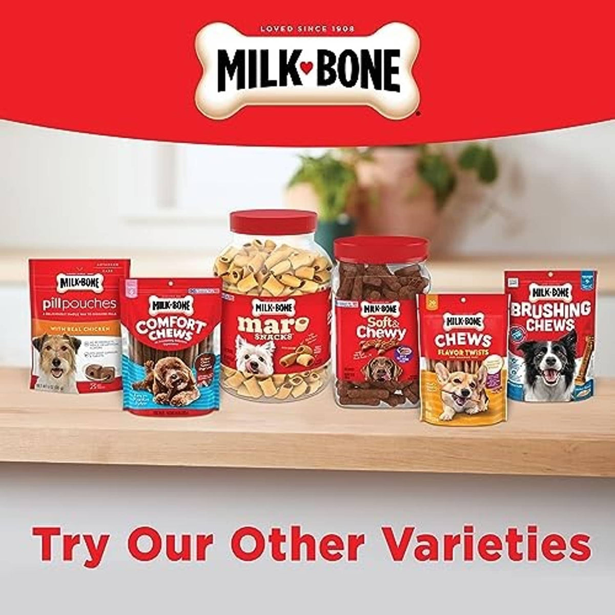 Milk-Bone assortment display with multiple dog treat packages on a shelf