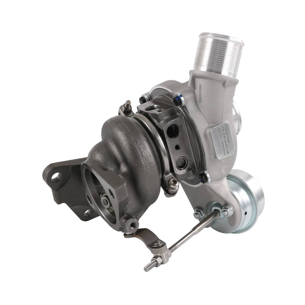 Turbocharger assembly with compressor housing, wastegate area, and inlet/outlet fittings