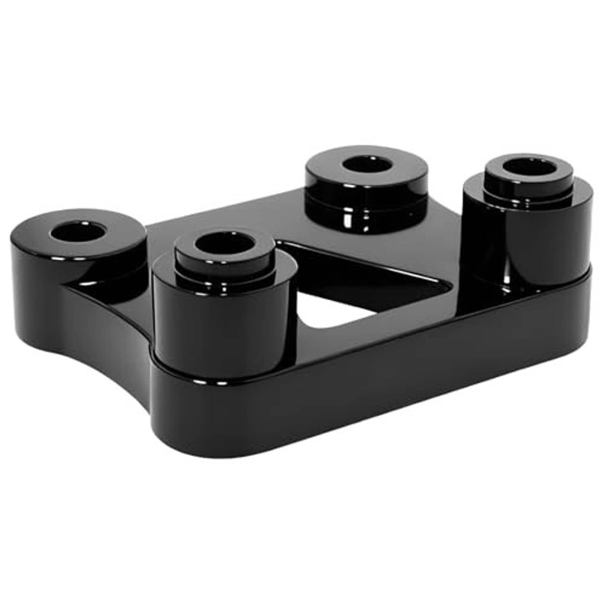 Black handlebar riser bracket with triangular cutout and four threaded mounting holes