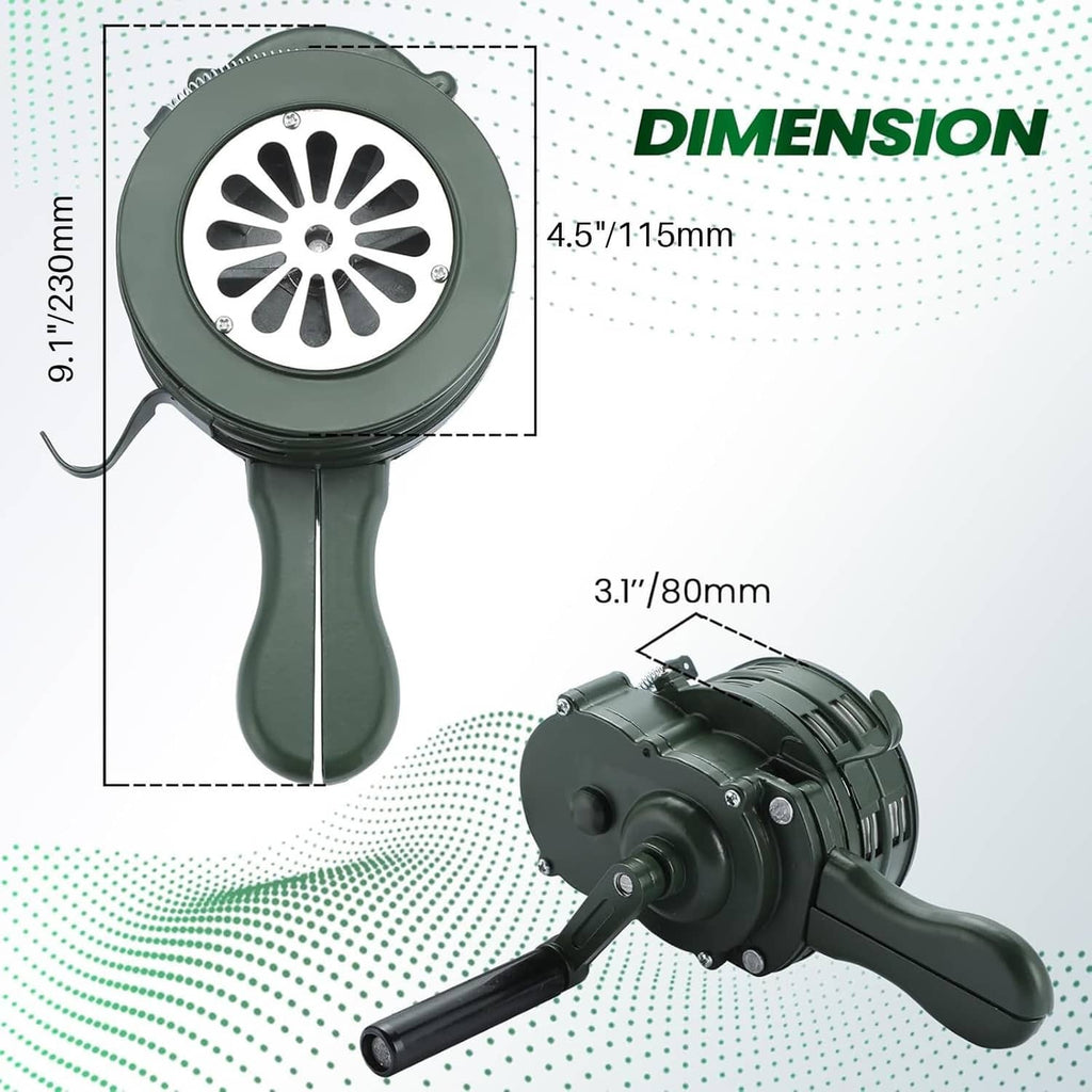 Green handheld crank air raid siren, shown front and side with speaker grille