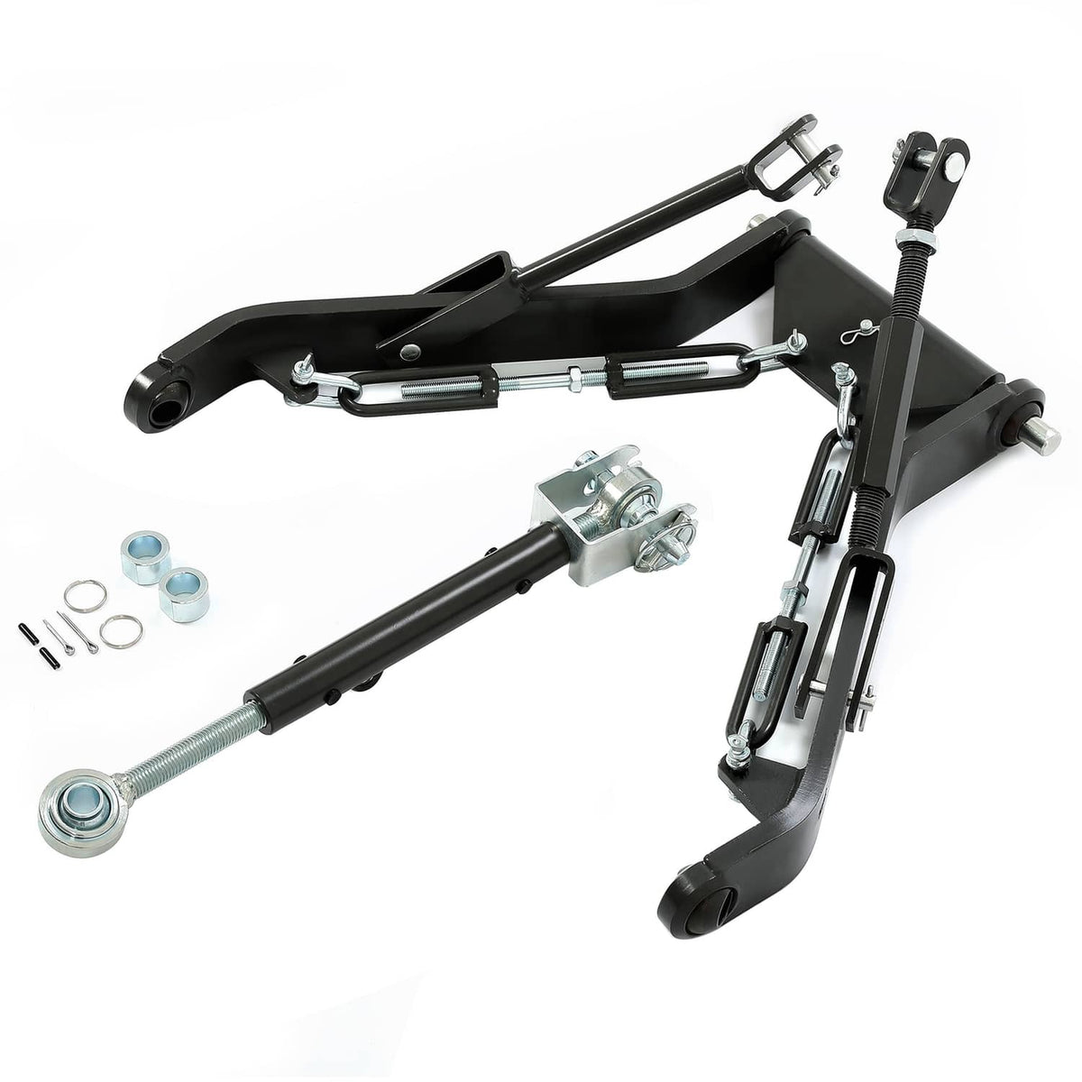 Black 3-point hitch kit with linkage arms, adjustable bars, and mounting pins