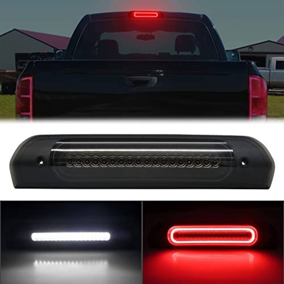 Smoked black LED high mount brake light housing with illuminated red center bar