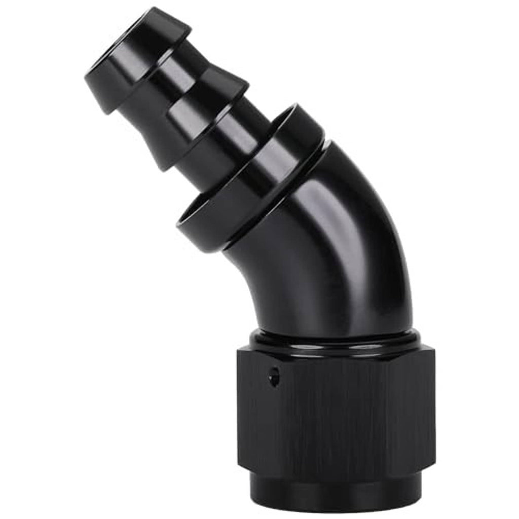 Black 45-degree push-lock hose elbow fitting with locking collars