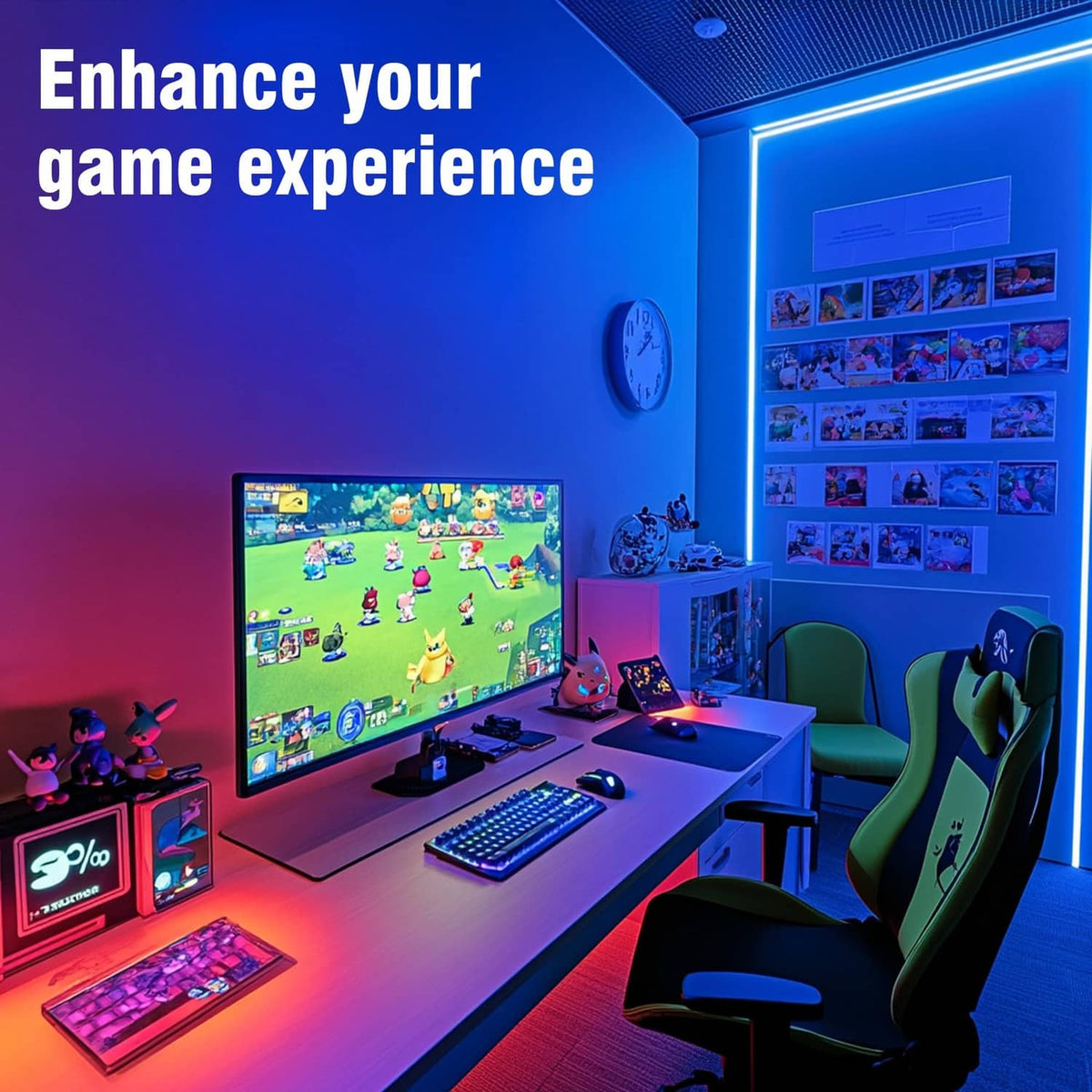 RGB LED strip light around a gaming desk setup, colorful light effects