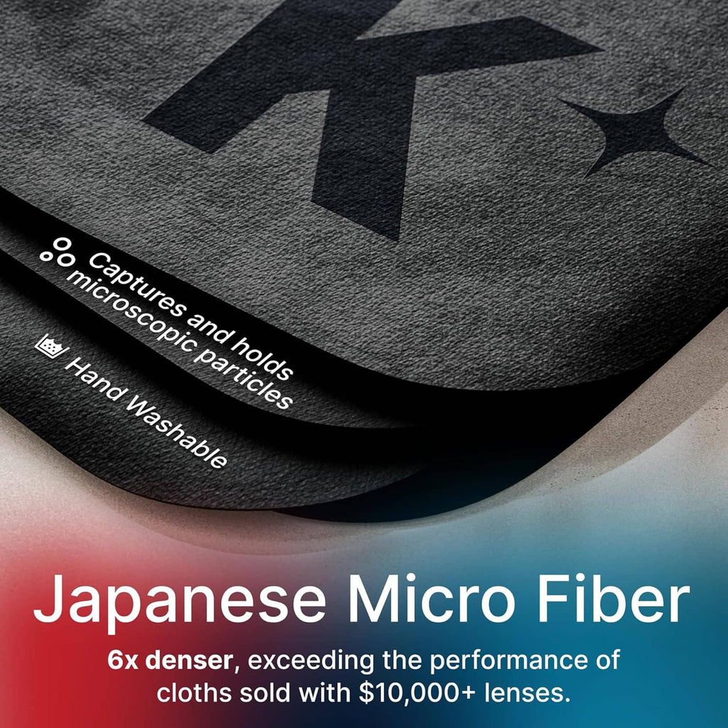 Dark gray Japanese microfiber cloth with fine textured weave for cleaning lenses.