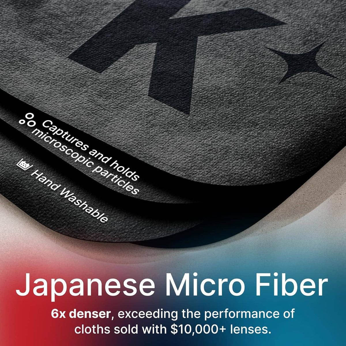 Dark gray Japanese microfiber cloth with fine textured weave for cleaning lenses.