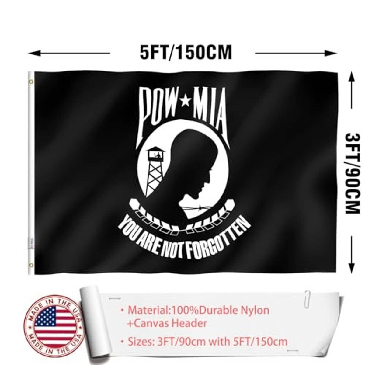 Embroidered POW-MIA flag, black with white emblem; size 5FT/150CM shown.
