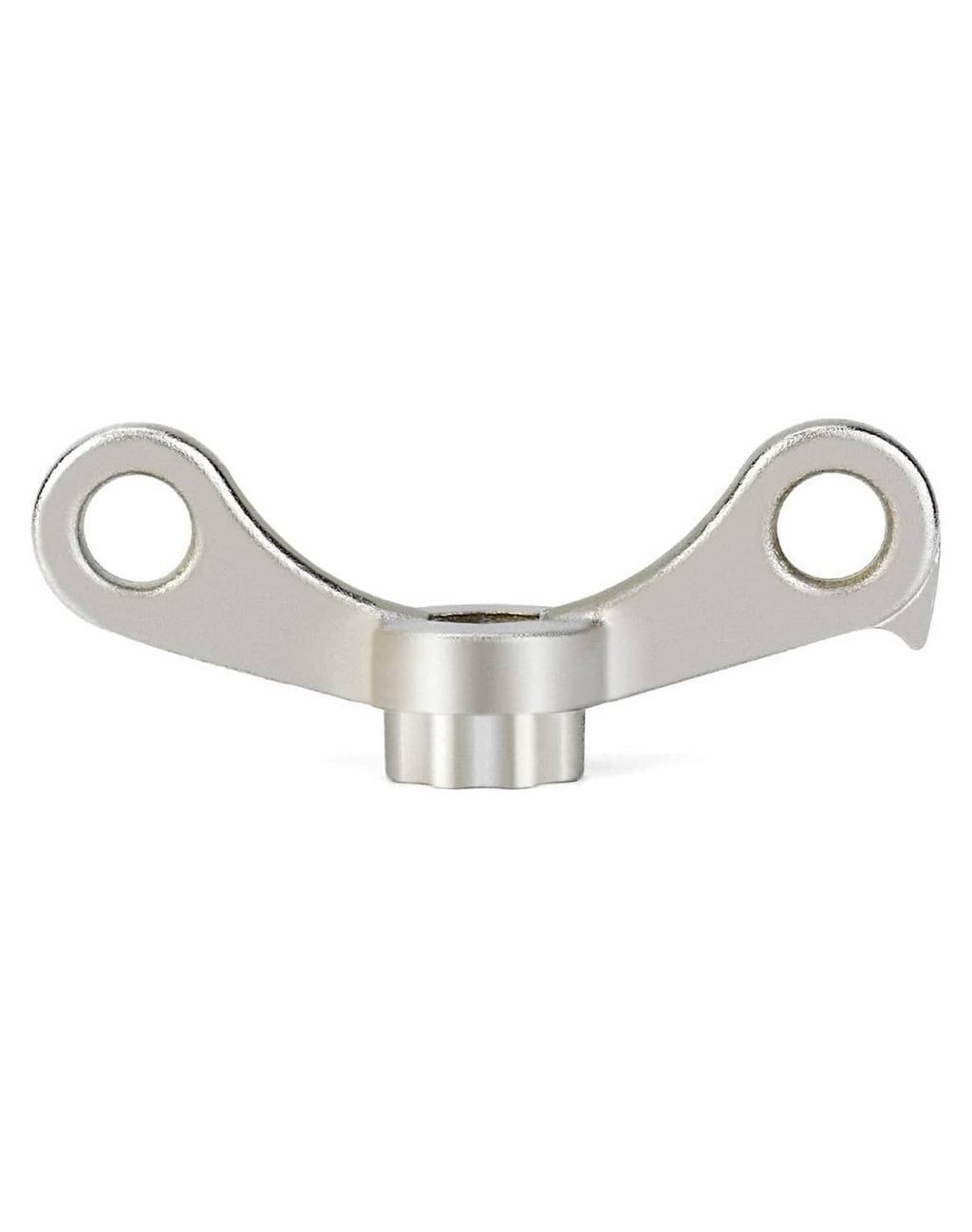 Silver crank dust cap wrench tool with two eyelets and ridged center housing