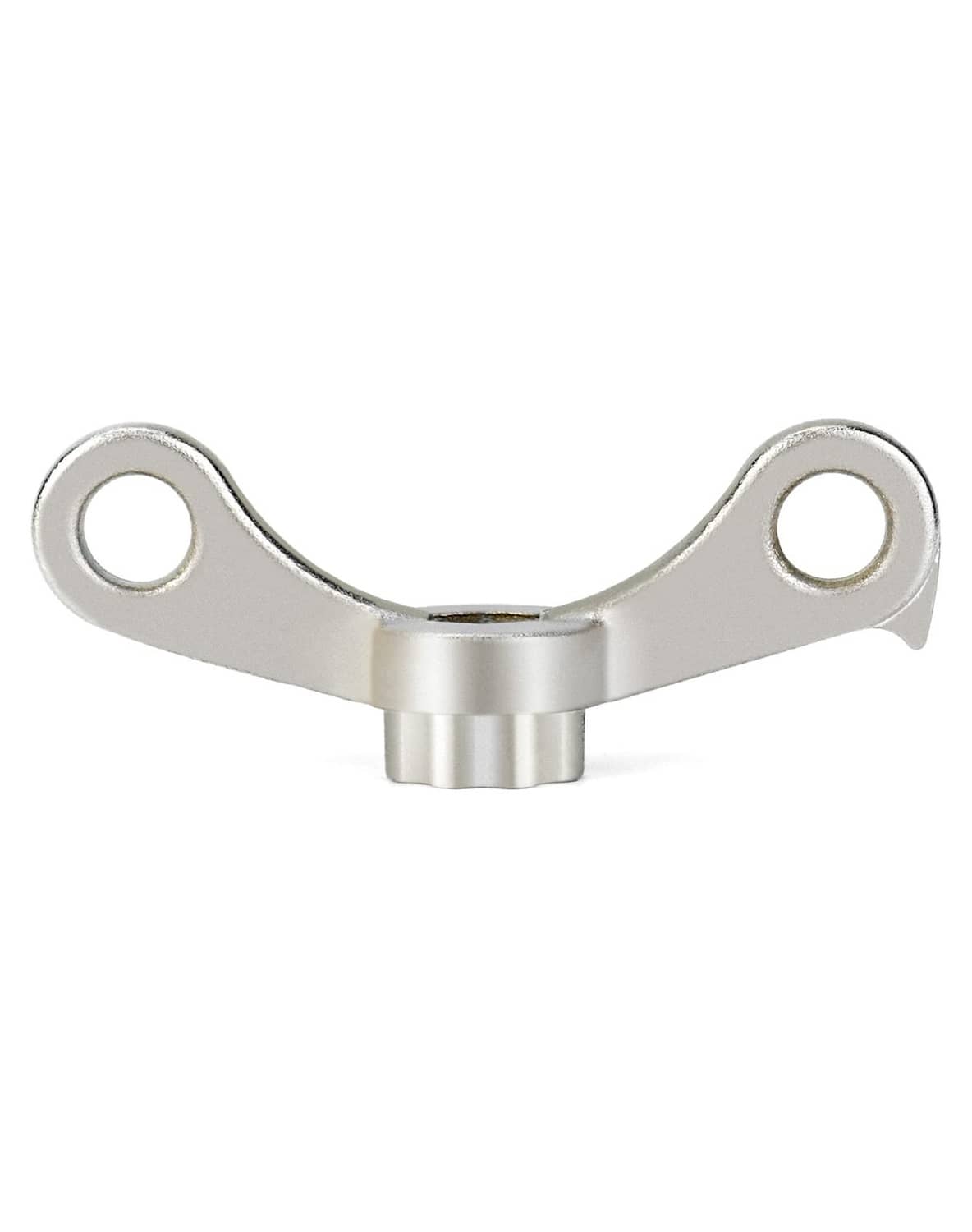 Silver crank dust cap wrench tool with two eyelets and ridged center housing