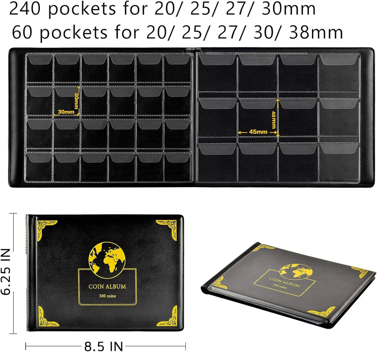 Coin album with open card insert showing multiple pocket sizes for 20–38 mm coins