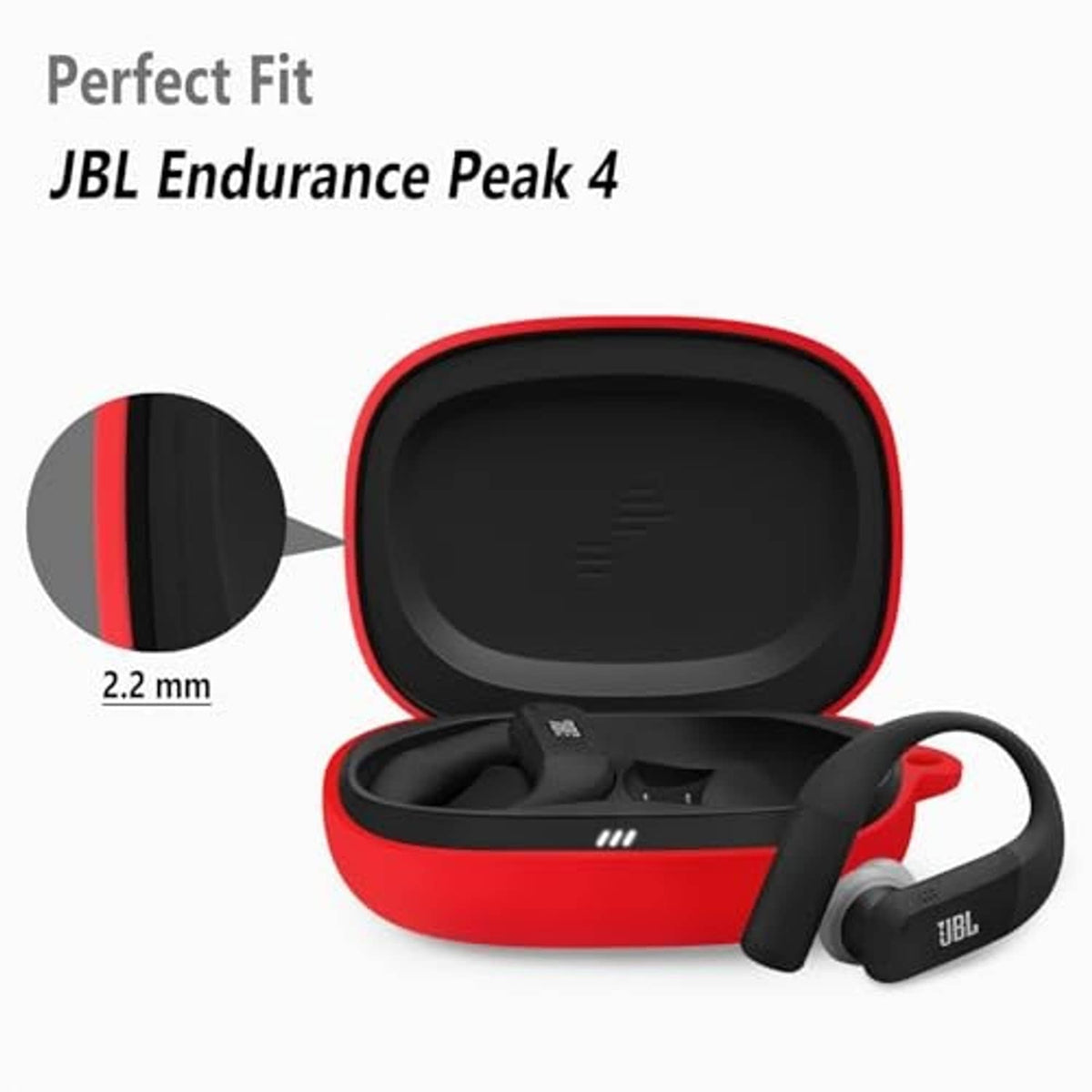 Red silicone earbud case open with earbuds inside and carabiner key ring
