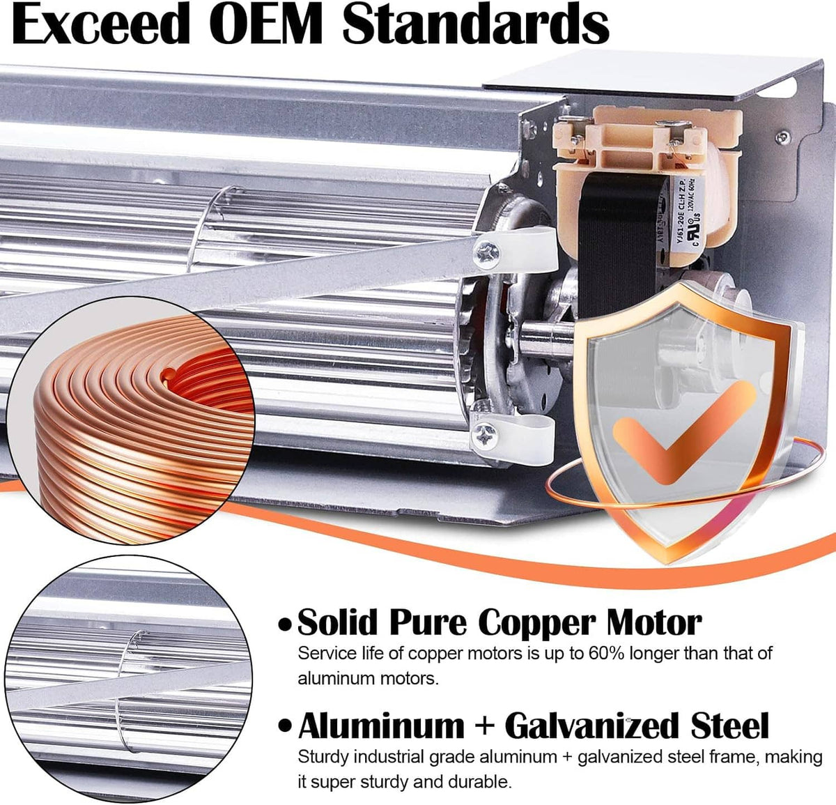 Fireplace blower motor close-up with copper windings and protective frame
