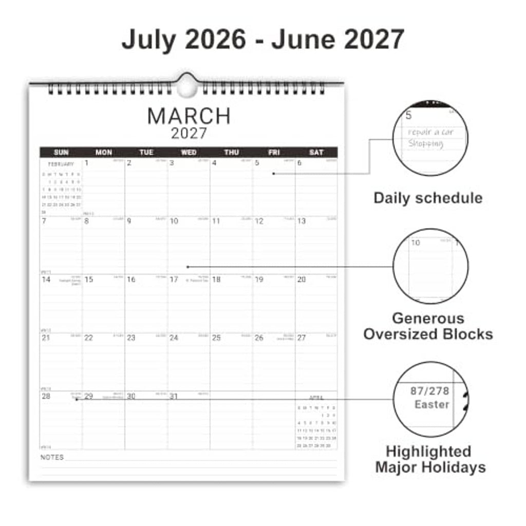 White 12-month calendar planner view showing March 2027 with holiday callouts